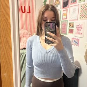Subdued Light Blue Ribbed Knit Top